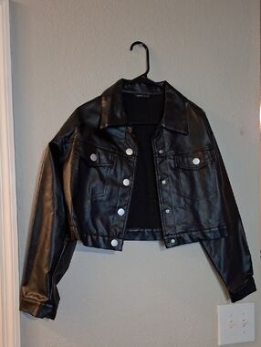 Black Faux Leather Cropped Jacket - Women
